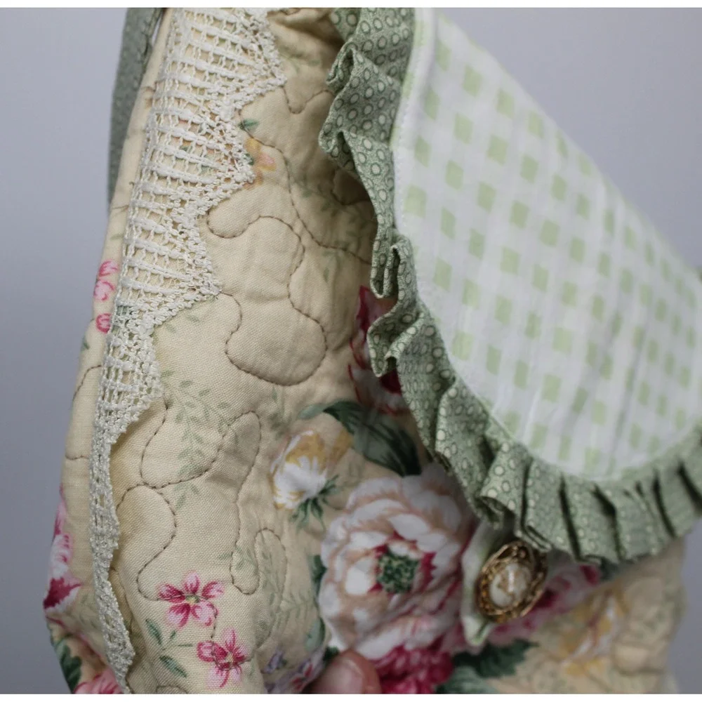 Vintage Handmade Quilted Floral Crossbody Bag Cottagecore Lace Ruffle Gingham